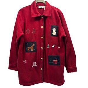 Vintage Capacity Petite Top Med Grandma Embroidered Beaded 3D Fleece Button Up